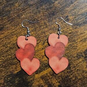 Boutique Adorable Stacked Pinkish Red Wooden Heart Dangle Earrings ~ Novelty